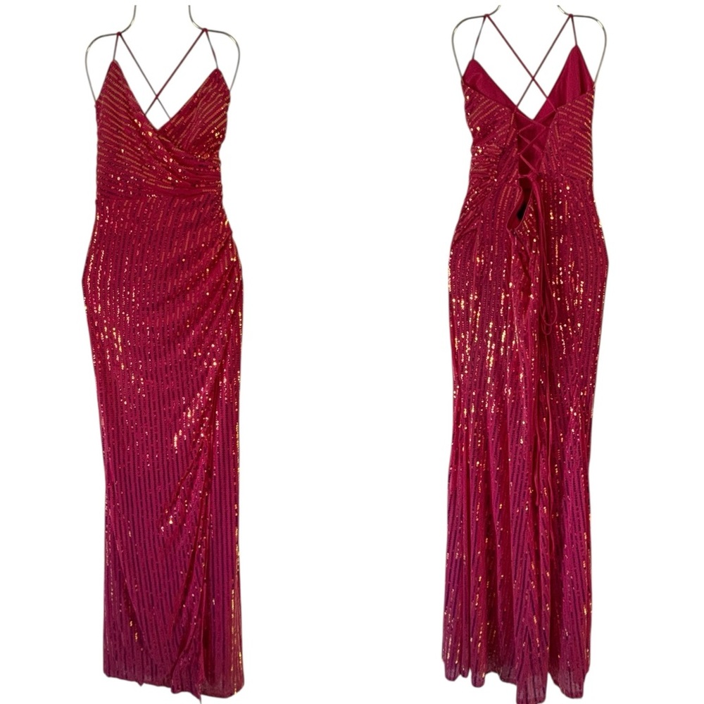 Lulu’s Sequin Fuscia Pink Open Corset Tie Back Formal Gown Maxi Dress